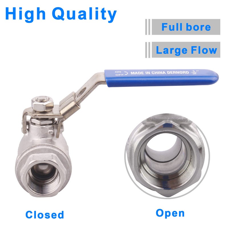 DERNORD Stainless Steel 304 Ball Valve, Full Port Heavy Duty for WOG with Locking Device (1/2" NPT) - Image 2